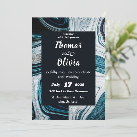Marineblauw en wit bruiloft met marmeren golven kaart (Staand voorkant)