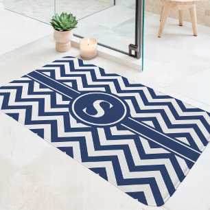 Marineblauw en wit chevron monogram badmat
