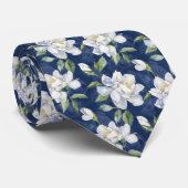 Marineblauw en wit Gardenia Floral Stropdas (Opgerold)