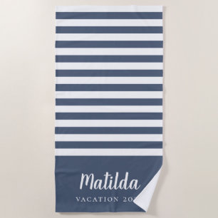 marineblauw en wit gepersonaliseerde zomer strandlaken