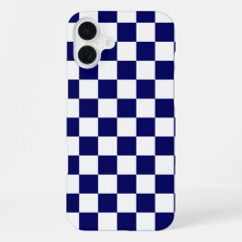 Marineblauw en wit geruit patroon iPhone 16 plus hoesje