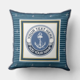 Marineblauw en wit gestreepd anker aangepaste naam kussen