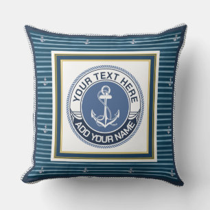 Marineblauw en wit gestreepd anker aangepaste naam kussen