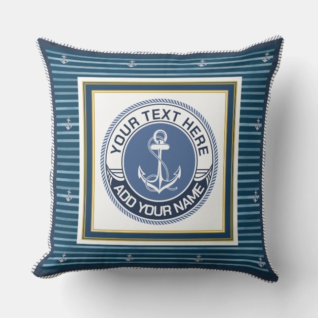 Marineblauw en wit gestreepd anker aangepaste naam kussen (Voorkant)