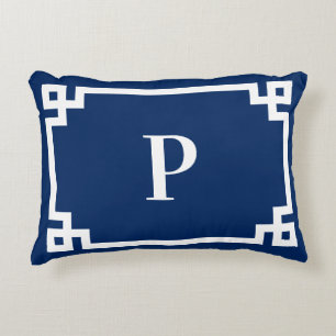 Marineblauw en wit Grieks sleutelgrensmonogram Accent Kussen