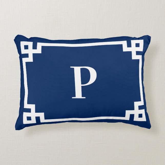 Marineblauw en wit Grieks sleutelgrensmonogram Accent Kussen (Voorkant)