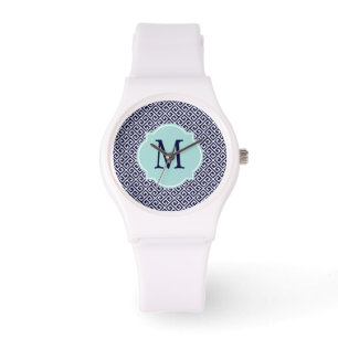 Marineblauw en wit Grieks sleutelpatroon Horloge