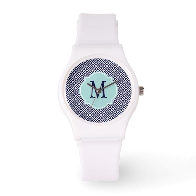 Marineblauw en wit Grieks sleutelpatroon Horloge (Voorkant)
