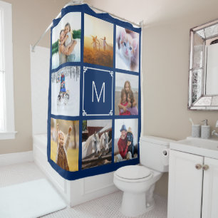 Marineblauw en wit Griekse Sleutel Monogram 8 Foto Douchegordijn