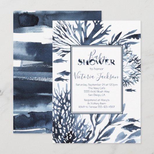Marineblauw en wit koraalrif Baby shower Kaart (Voorkant / Achterkant)