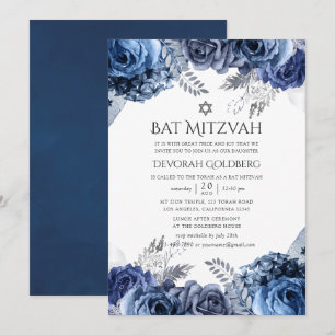 Marineblauw en wit met zilverfolie bloemachtige Ba Kaart