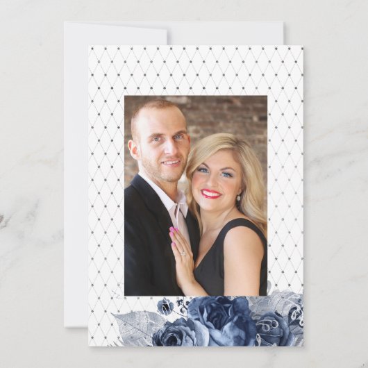 Marineblauw en wit met zilverfolie bruiloft save the date (Achterkant)