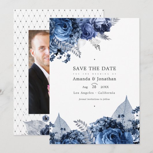 Marineblauw en wit met zilverfolie bruiloft save the date (Voorkant / Achterkant)