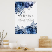 Marineblauw en Wit met Zilverfolie Trouw Welkom Poster (Keuken)