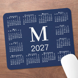 Marineblauw en wit monogram 2027 kalender muismat