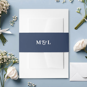 Marineblauw en wit monogram huwelijksfeest uitnodigingen wikkel