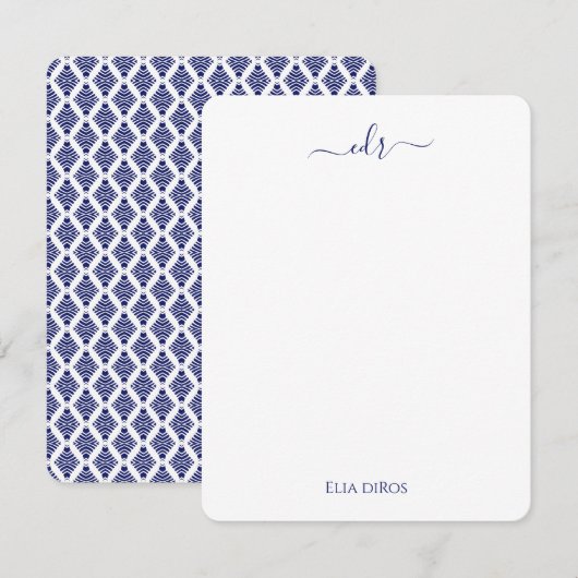 Marineblauw en Wit Monogram Note Kaart Notitiekaartje (Voorkant / Achterkant)
