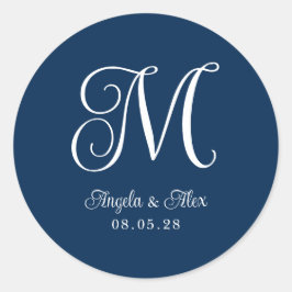 Marineblauw en wit mooi krullend trouwmonogram ronde sticker