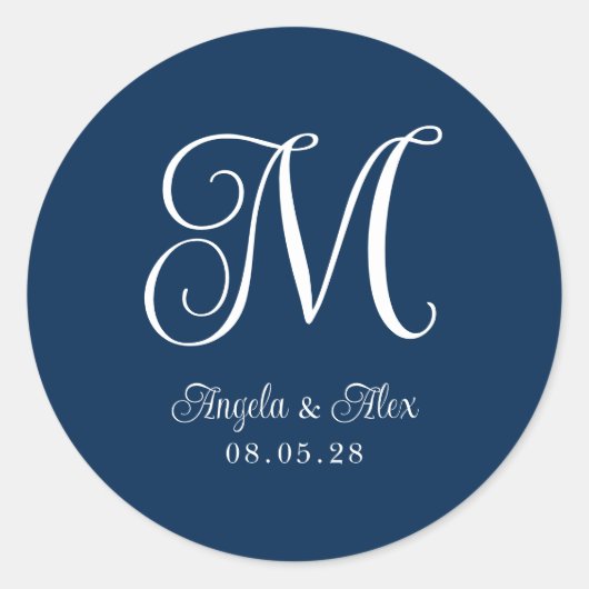 Marineblauw en wit mooi krullend trouwmonogram ronde sticker (Voorkant)