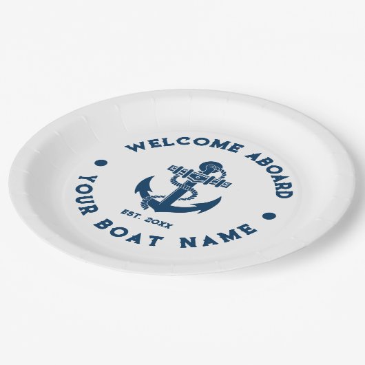 Marineblauw en wit nautisch bootanker papieren bordje (Gekanteld)