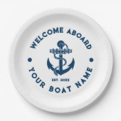 Marineblauw en wit  nautisch bootanker papieren bordje (Voorkant)