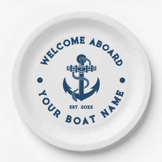 Marineblauw en wit nautisch bootanker papieren bordje (Voorkant)