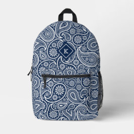 Marineblauw en wit paisley patroon monogram bedrukte rugzak