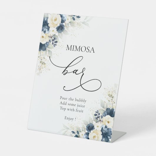 Marineblauw en wit Roses Mimosa Bar Teken Reclamebord Met Voetstuk (Voorkant)