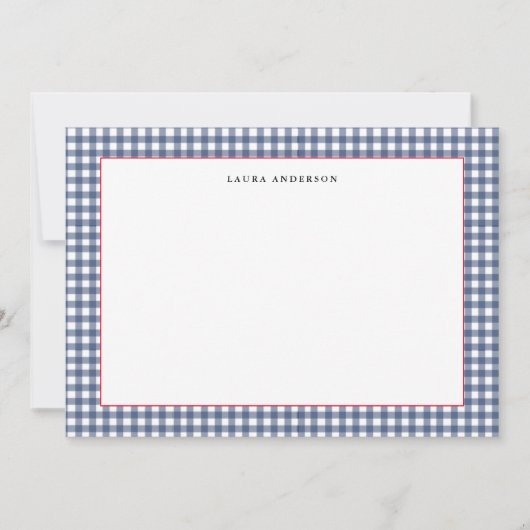 Marineblauw en wit scheeps gingham plat bedankkaart (Voorkant)