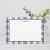 Marineblauw en wit scheeps gingham plat bedankkaart (Staand voorkant)