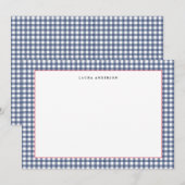Marineblauw en wit scheeps gingham plat bedankkaart (Voorkant / Achterkant)