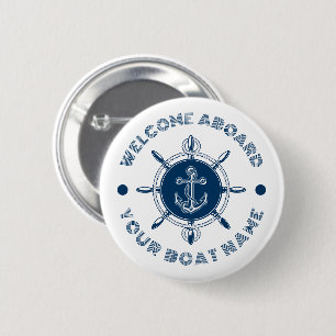 Marineblauw en wit stuurwit en bootanker ronde button 5,7 cm