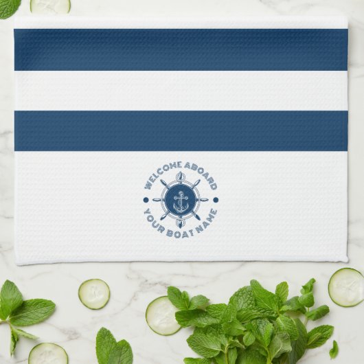 Marineblauw en wit stuurwit en bootanker theedoek (Gevouwen)