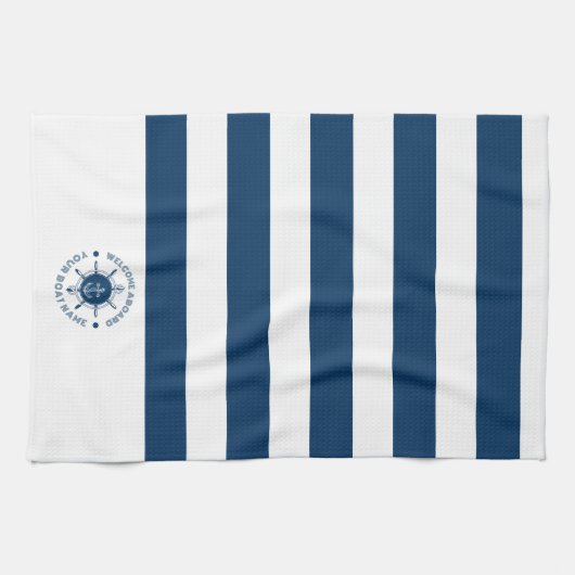 Marineblauw en wit stuurwit en bootanker theedoek (Horizontaal)