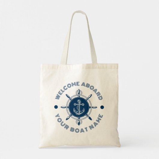 Marineblauw en wit stuurwit en bootanker tote bag (Achterkant)