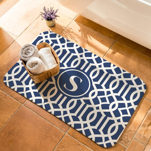 Marineblauw en Wit Trellis Monogram Badmat