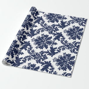 Marineblauw en wit vintage bloemendamask cadeaupapier
