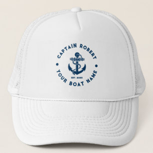 Marineblauw en wit vintage nautisch bootanker trucker pet