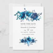 Marineblauw en wit waterverf bloemen bruiloftsfoto save the date (Voorkant)