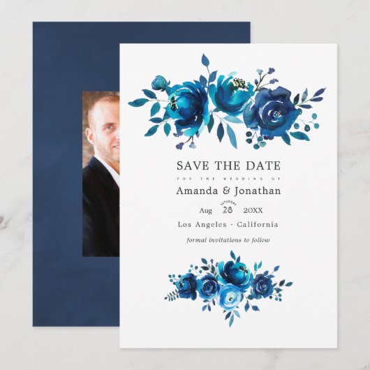 Marineblauw en wit waterverf bloemen bruiloftsfoto save the date (Voorkant / Achterkant)