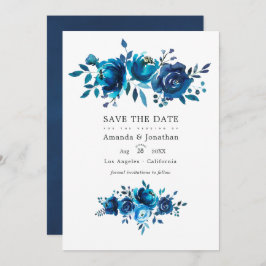Marineblauw en wit waterverf bloemen bruiloftsfoto save the date