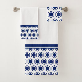 Marineblauw en wit zeshoekig patroon bad handdoek