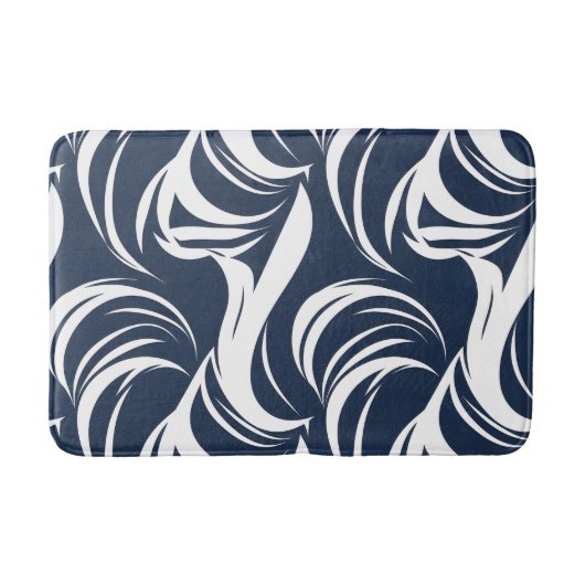 Marineblauw en Witte Abstracte Golf Moderne Nautis Badmat (Voorkant)
