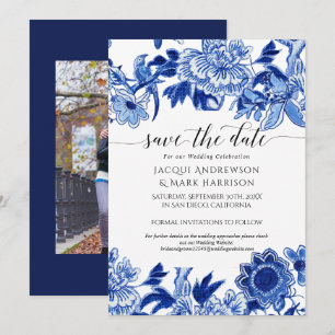 Marineblauw en Witte Aziatische Invloed Chinoiseri Save The Date
