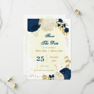marineblauw en witte bloemen goud botanisch save the date