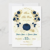 marineblauw en witte bloemen goud botanisch save the date (Voorkant)