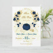 marineblauw en witte bloemen goud botanisch save the date (Staand voorkant)