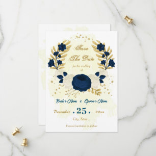 marineblauw en witte bloemen goud botanisch save the date