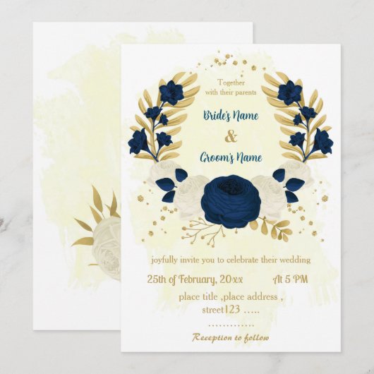 marineblauw en witte bloemen gouden bruiloft kaart (Voorkant / Achterkant)
