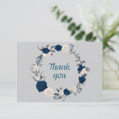 marineblauw en witte bloemen grijze bladeren grofm bedankkaart (Staand voorkant)